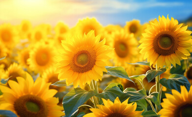 Fototapeta premium Summer yellow sunlight field sunflower nature