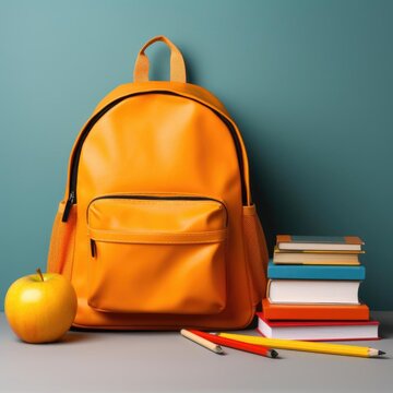 School bag and different school stationery on table against blue background, space for text. Back to school