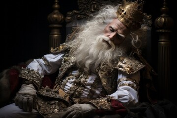 Obraz premium Old king in a golden crown sleeping on his throne