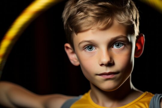 Close-up portrait photography of a fitness boy in his 30s doing rhythmic gymnastics in a studio. With generative AI technology