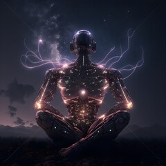 Cinematic android wires and electrical circuits ai humanoid robot meditating under the beautiful night sky front view super realistic complex details 