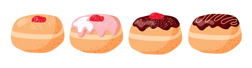 Bakery doughnut set. Cartoon flat vector illustration. Traditional food for Jewish Holiday Hanukkah. Pastry donuts, sweet food for bakery, cafe menu. Sweet unhealthy food, confectionery factory