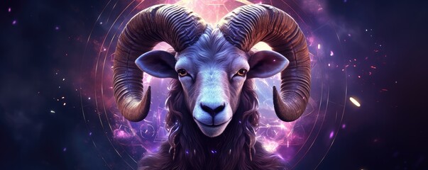 Zodiac sign of aries head with magic light in star wheel , horoscope panorama. Generative Ai.