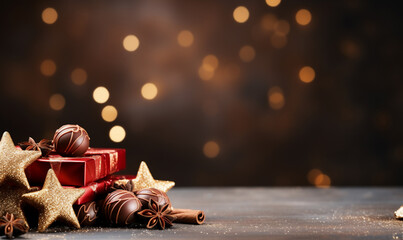 Chocolate in Christmas time on wooden table with bokeh background and space for text