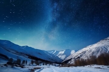 Scenic winter landscape with stunning mountain, starry sky, astronomical wonders. Generative AI