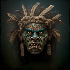 ceremonial ritualized inca aztec mayan amazon supernatural zombie shrunken head with eyes and mouth sewn shut lit from behind and below 