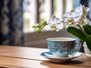 Delicate porcelain teacup with intricate blue patterns on a wooden table