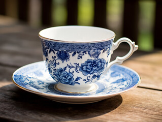 Delicate porcelain teacup with intricate blue patterns on a wooden table