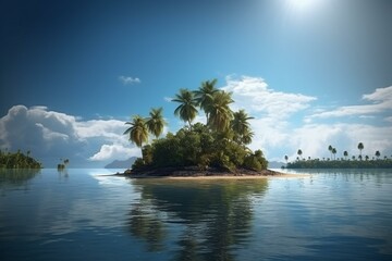 Daytime scene of a small tropical island with palm trees. Generative AI