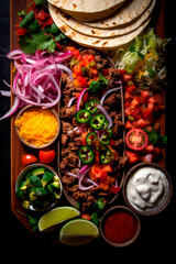 charcuterie platter of delicious taco with grilled hamburger, taco meat, onion, bell pepper, and pico de gallo. Top down view