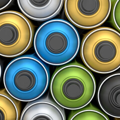 Set of spray paint cans in row on white background. Spray bottle and dispenser