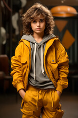 Young man in yellow jacket and grey shirt.