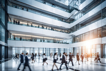 Office workers walking busily in a business building. Generative AI