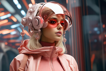 Woman wearing headphones and pink jacket in futuristic setting.