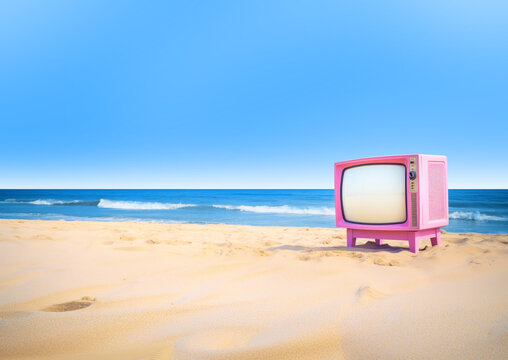 TV on a sandy sea beach. Oceanfront pink television show in blue, yellow and pink colors. Bright card pop art cover background in the style of the popular blonde movie. Clear sky, sand, ocean shores