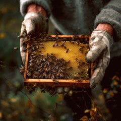 Beekepers hands holding the honey frame close up in nature. Generative Ai.
