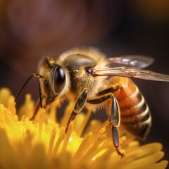 Macro shot of bees collecting honey. Generative Ai.