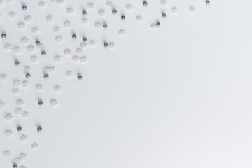 sugar crystals seamless texture. Sweet sprinkles on white background. Sweet backing decoration for cake and candy. Copy space. 