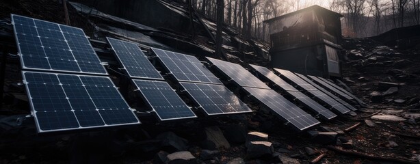 Solar panels on a pile of rubble, representing the juxtaposition of renewable energy and destruction