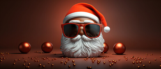 3D Santa Claus head with red  sunglasses on. Red background with red ornaments on the ground. - obrazy, fototapety, plakaty