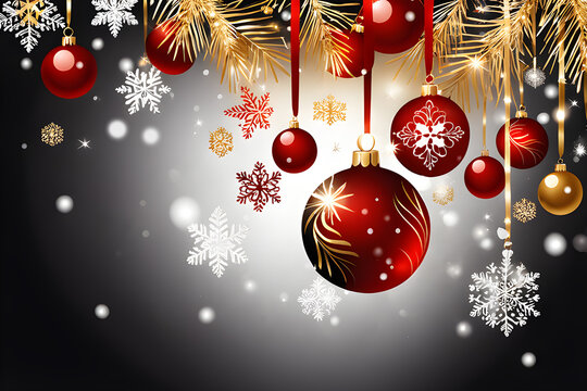 Christmas decorations. Red and golden balls and snowflakes on black background. Merry Christmas and happy new year background with copy space for design
