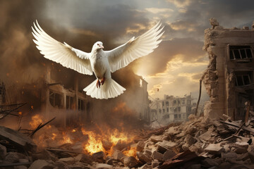 A white peace dove flying through a city war zone during a conflict