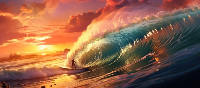 A surfer riding a wave at sunset