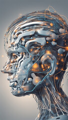 Fototapeta na wymiar Technology background Data flow concept. Big data technology and data science illustration, flowing, Waves, dynamic, IT, 3D Wired Shape Cyborg Head, Network forming AI robot face