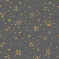 Gold stars seamless pattern, magic celestial night. Golden stars. Bohemian symbols. Vector illustration isolated on gray background. White night.