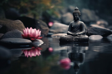 Experience serenity in this creative photo featuring a Buddha statue in a lotus meditation pose by a river adorned with stones and lotus flowers. Ai generated