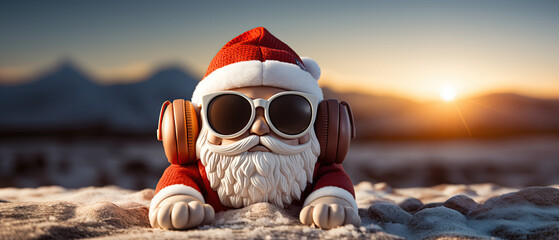 Santa Claus with white sunglasses on at the beach. 3d toy listening to Christmas music. Christmas and holiday card. 