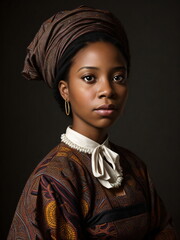 Portrait of a young African American woman/girl wearing traditional dress, looking straight to the camera, sharp studio lighting