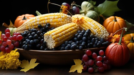 AI generated illustration of An abundant harvest of ripe corn, grapes, and pumpkins