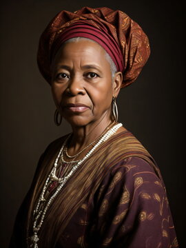 Portrait Of A 50 Year Old African American Woman Wearing Traditional Dress, Looking Straight To The Camera, Sharp Studio Lighting