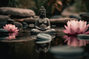 Experience serenity in this creative photo featuring a Buddha statue in a lotus meditation pose by a river adorned with stones and lotus flowers. Ai generated