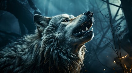 A howling wolf in the forest under the moonlight - obrazy, fototapety, plakaty