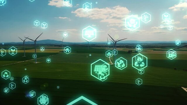 Concept of clean energy, carbon neutrality. Zero greenhouse gas emissions. Icons of green electricity on the background of wind generators. Environmental technology. Sustainable development goals, 4k.