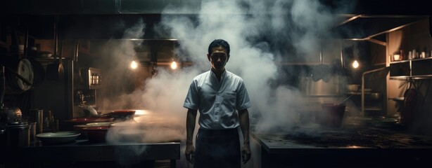 A man standing in a smoke-filled kitchen