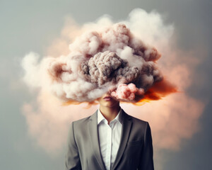 Hectic business world, a man's head explodes with the burnout of overloaded brain, chaotic explosion of smoke clouds that reflect the overwhelming pressure and weight of the corporate suit he wears