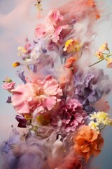 Amidst a vibrant explosion of smoke and color, a mesmerizing painting captures the delicate beauty of flowers in a wild and fluid display of art