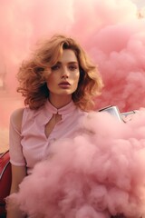 Amidst a vibrant explosion of pink smoke, a woman emerges, her clothing blending into the ethereal hue as she embodies both chaos and beauty
