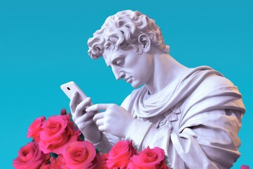 ancient greek bust person with cell phone tablet flower