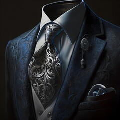 mens suit midnight black white undershirt formal attire blue and silver paisley tie silver buttons photo realism realism 4k  - obrazy, fototapety, plakaty