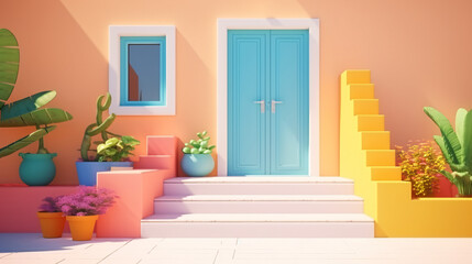 Colorful vivid house with door and stairs