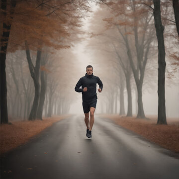 man jogging on the road in fog in the late winter evening, generative ai