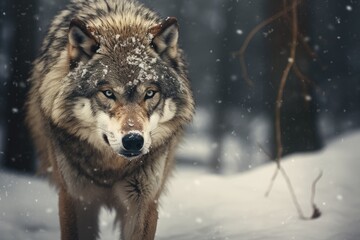 Fototapeta premium A majestic wolf walking through a snowy forest