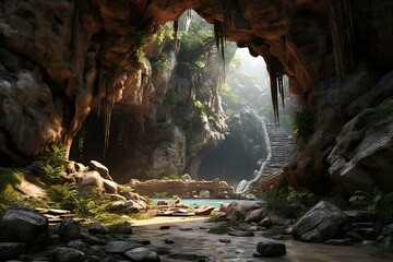 Highly realistic 3D rendering depicting a cave. Generative AI - obrazy, fototapety, plakaty