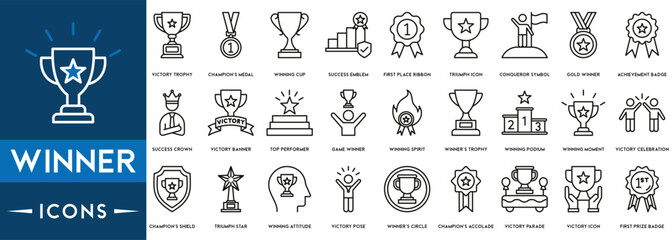 Winner icon set. Containing victory, success, prize, celebration, podium, win money, finish line and trophy icons. - obrazy, fototapety, plakaty