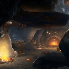 abandoned magical forge located inside a large cave detailed realistic 4k 