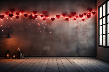 Romantic Valentine's Day Love letters written with glowing lights on a brick wall - obrazy, fototapety, plakaty